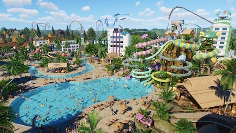لقطة لمنطقة مائية واسعة داخل Planet Coaster 2