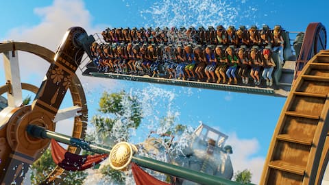 لقطة لعب تظهر إحدى الألعاب وحركة الزوار في Planet Coaster 2