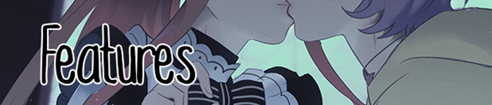 An image of two manga characters kissing, text overlaying reads "Features"