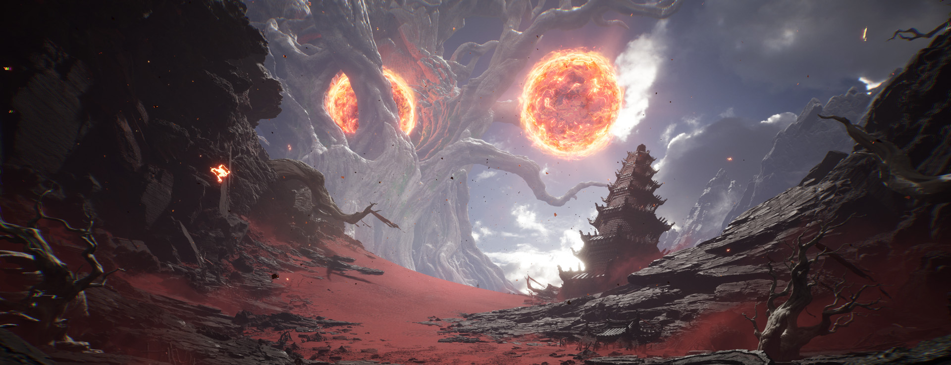 Red desert in Genigods Nezha with multiple suns above a pagoda, used to prepare danger reading in large areas