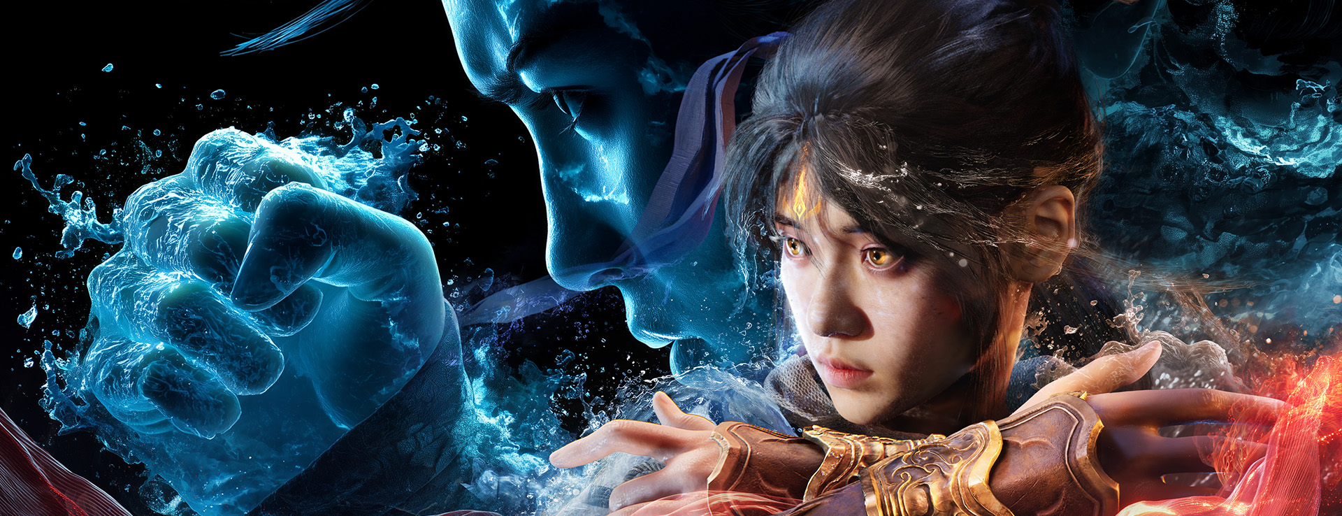 Genigods Nezha artwork showing a water hand and Nezha in a defensive stance to prepare defensive relic choices