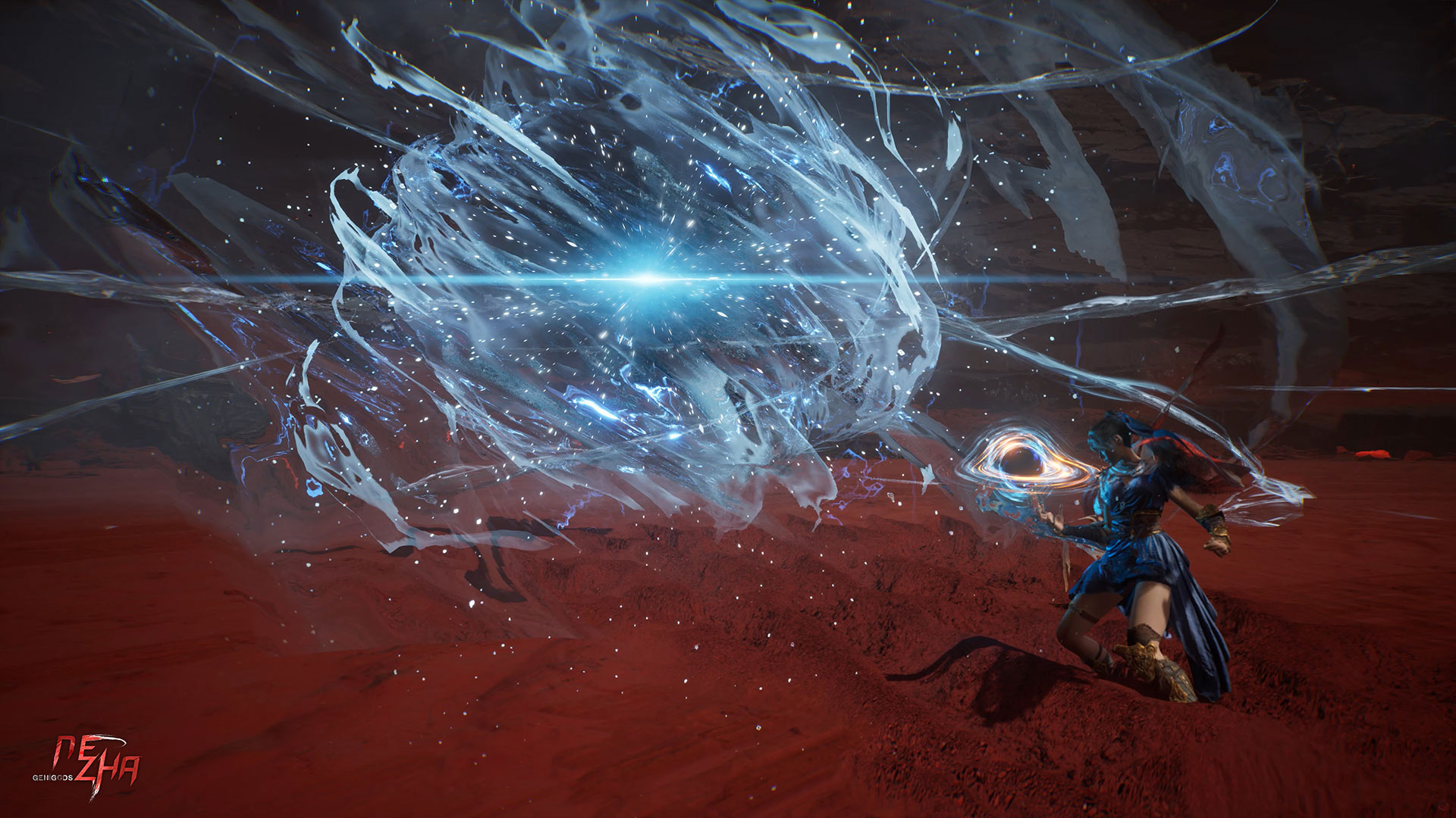 Nezha launching a water attack against an enemy in Genigods Nezha to illustrate punishment after a parry
