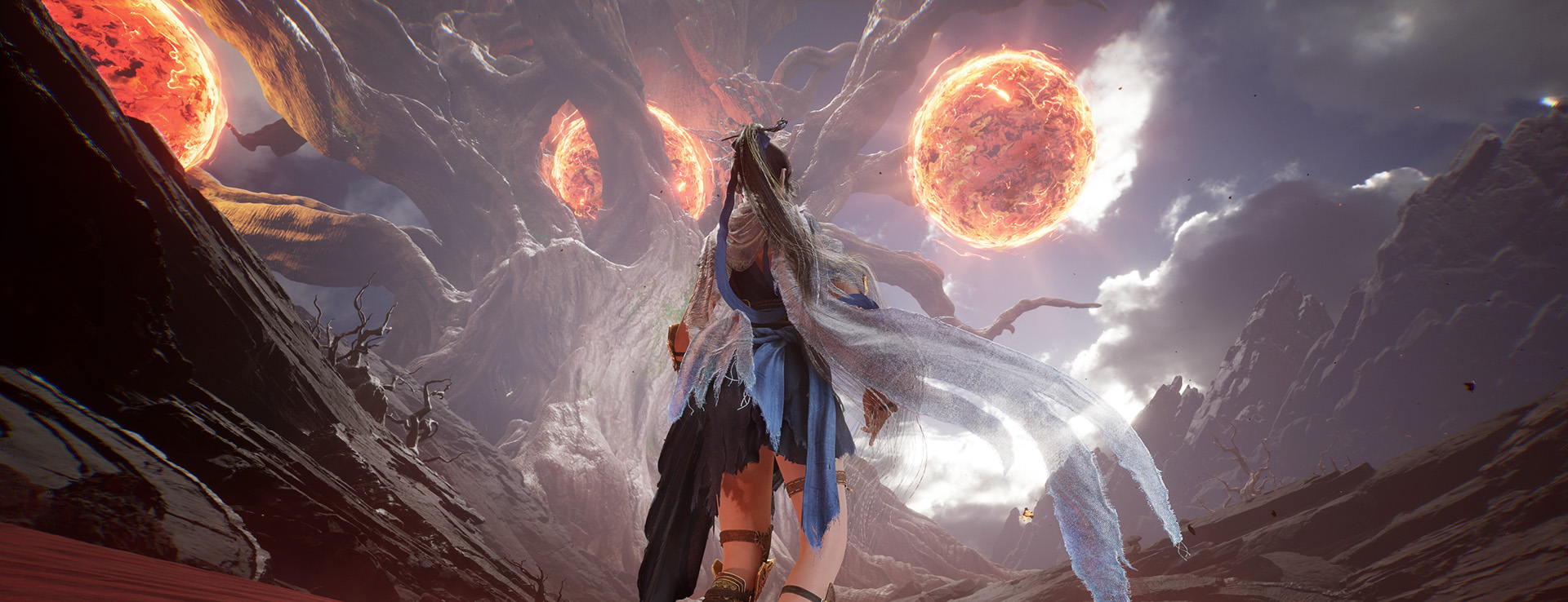 Nezha seen from behind facing suns and mountains, used to plan transitions between ground exploration and aerial attacks