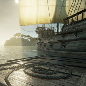 Tropical island, pirate village and barrels of rum.