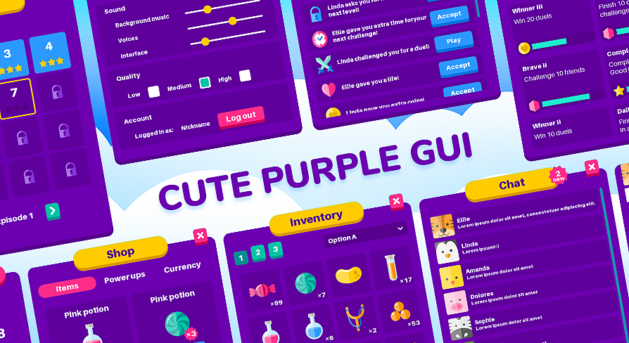 Cute purple GUI / UI complete Kit + icons, widgets, cursors, source ...