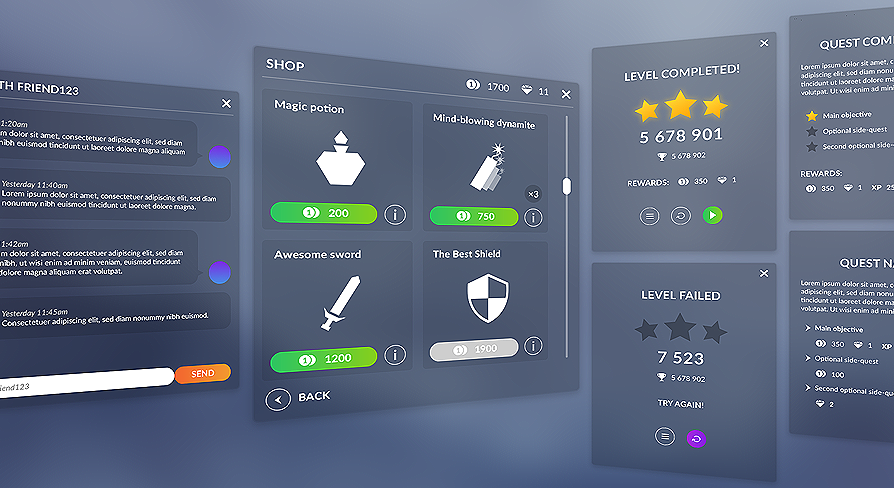 UNIVERSAL FLAT GUI/UI KIT, 48 WIDGETS, 82 ICONS, FOR HD/4K SCREENS, PSD ...