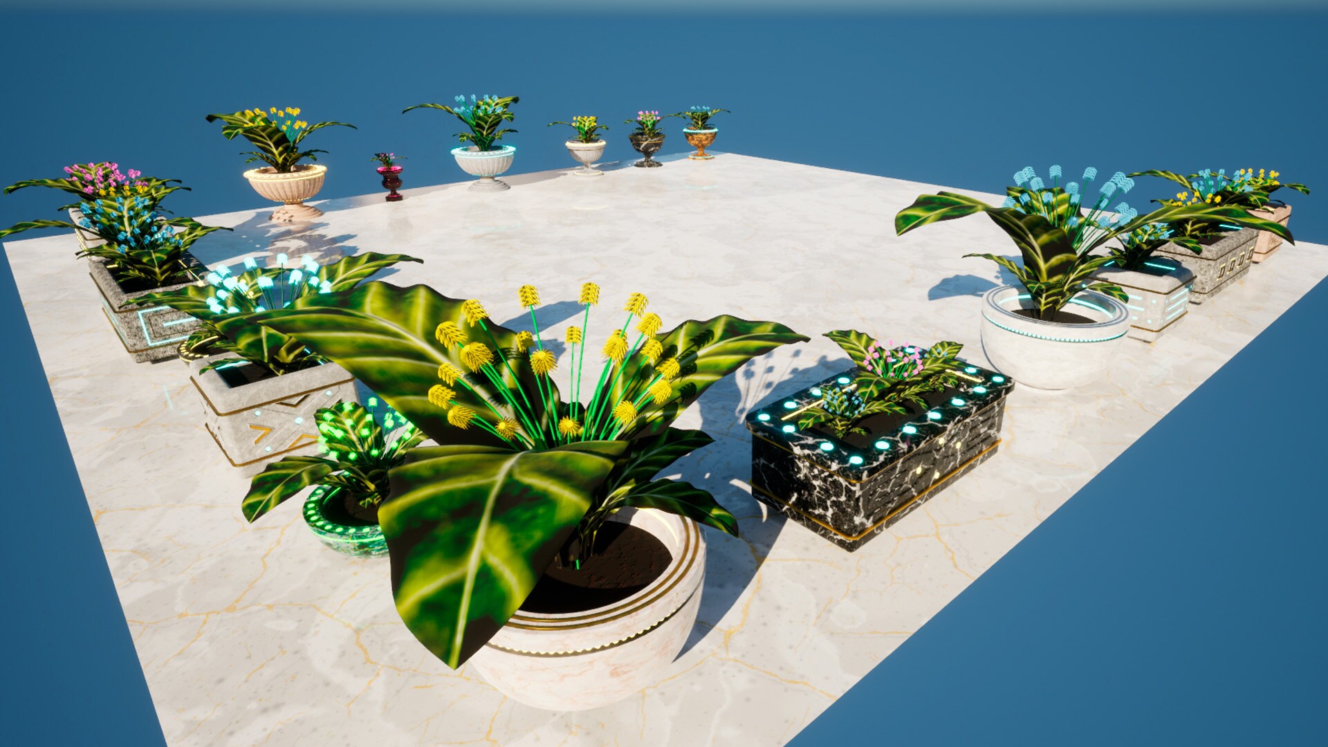 Outdoor elements. Concrete and marble flower pots.