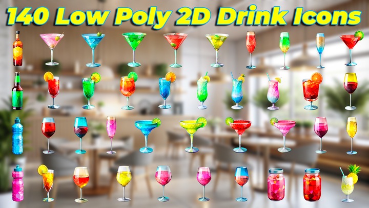 140 Low Poly 2D Drink Icons  Hot and Cold Beverages for Games