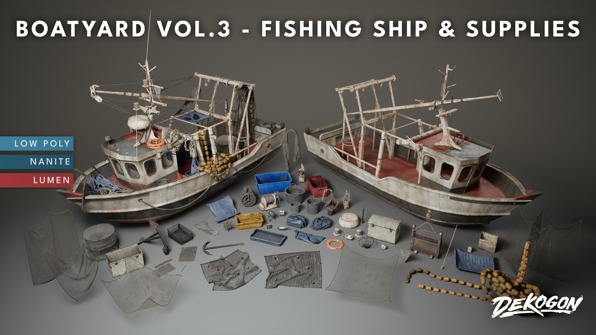 Boatyard VOL.3 - Fishing Ship and Supplies (Nanite and Low Poly)