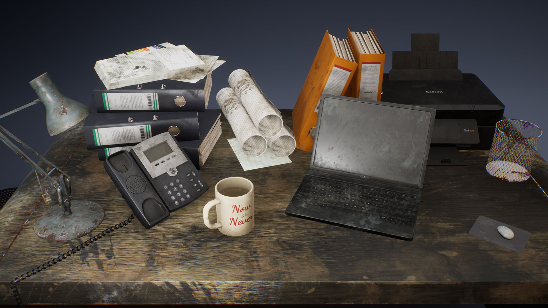 Dirty office accessories (a laptop 