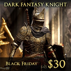 A dark crusader knight character with original dark fantasy design. Support both UE4 mannequin skeleton and UE5 manny simple skeleton.
