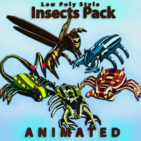 Pack of three fantasy low poly stylized insects. Animated.