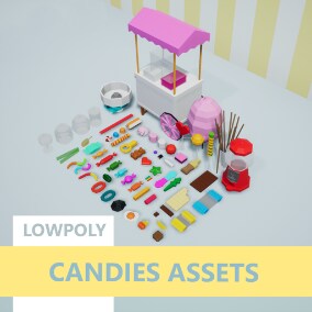 Pack containing 66 assets (59 are color-swapping blueprints) : a variety of candies and chocolate, a candy trolley along with a cottoncandy machine, a dispenser, and several boxes, bags, and accessories.