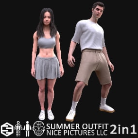 Realistic 3D models of Men's and Women's Summer Outfit 14 - Modular - Rigged