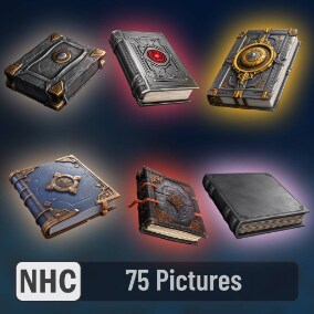 The pack includes 75 different fantasy book pictures with transparent backgrounds and 3 types of resolutions (225 textures in total).